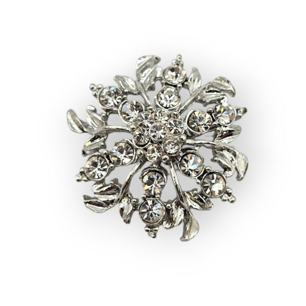 Rhinestone Floral Starburst Silver Brooch Vintage Classic Mid-Century Elegance